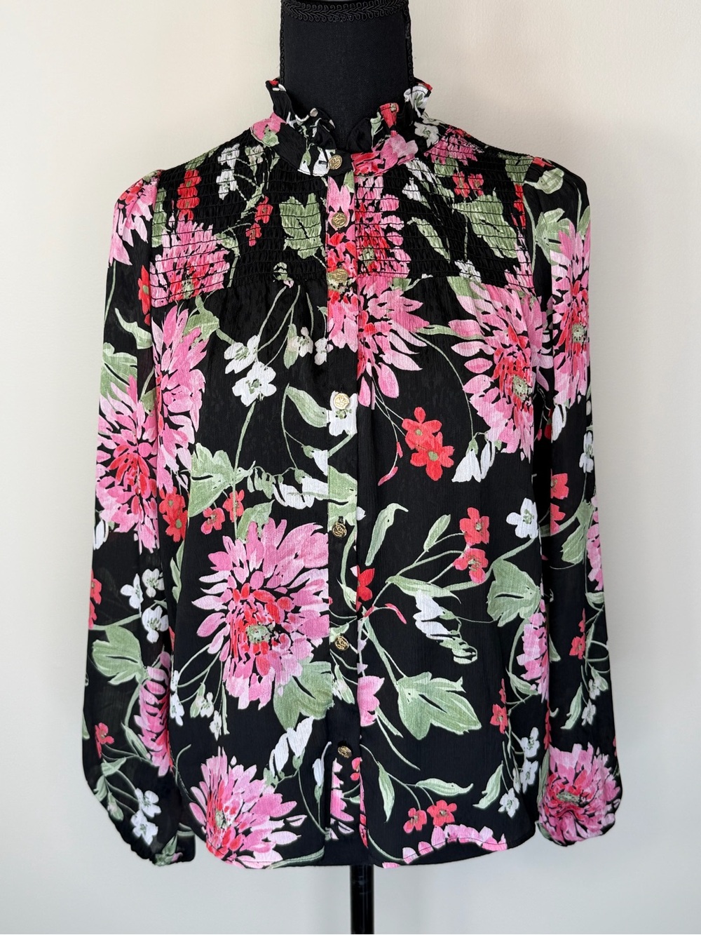 Draper James RSVP Blouse Womens XS Floral Ruffle High Neck Long Sleeve Top
